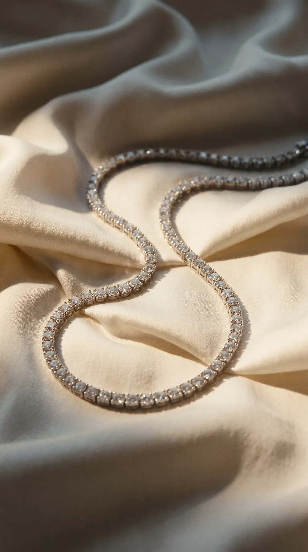 A diamond tennis necklace draped across ivory silk