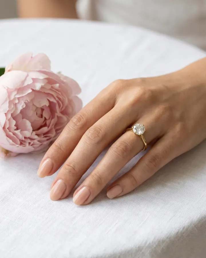 The Vega round solitaire beside a blush peony