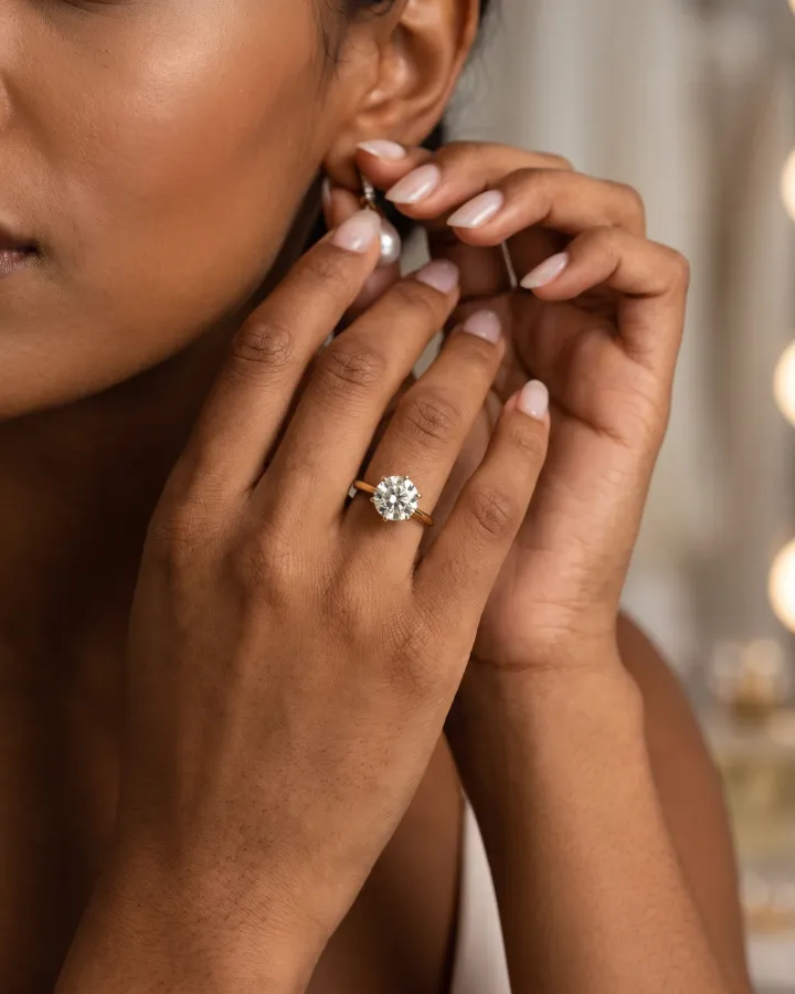 The Vega round solitaire while fastening a pearl earring
