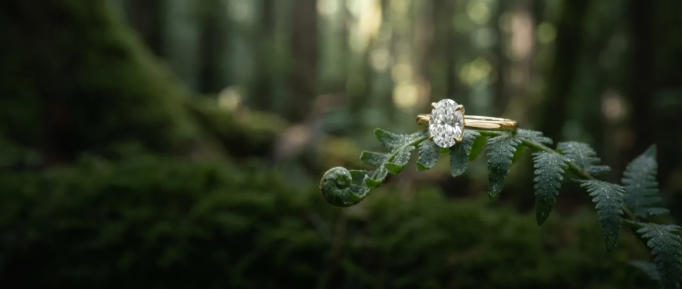 An oval diamond engagement ring in yellow gold resting on a fern frond in a forest