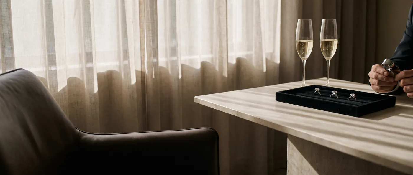A private consultation room with a tray of diamond rings and two glasses of champagne