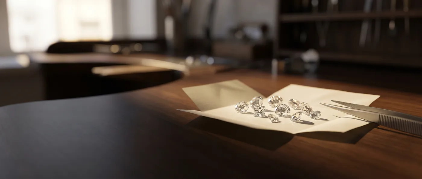 Loose diamonds on a folded diamond paper on a cutting bench, with tweezers beside them