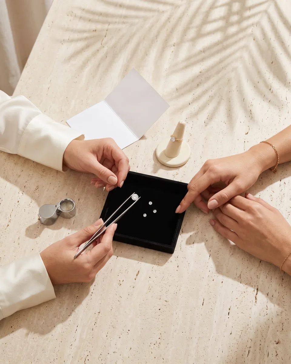 Seen from above, a consultant presents a loose diamond with tweezers as her client leans in to look